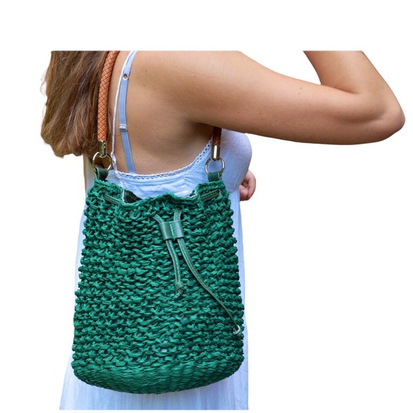 Green raffia woven shoulder bag Plaited faux leather strap Fully lined Lightweight drawstring bucket bag Stylish anniversary gift for girl