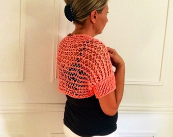 Lacy short coral shrug Summer womens front open cardigan Bolero Shoulder cover up Top with half sleeves Handmade cropped mesh sweater
