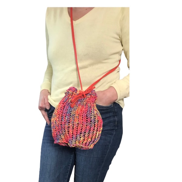 Small raffia straw drawstring pouch bag  Leather shoulder belt Crossbody woven purse Hand knitted Fully lined Open basket Gift for teen