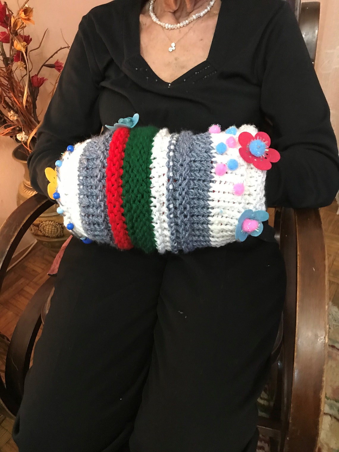 Fidget Sleeve Double Hand Knitted Relief Fiddle Muff Decorated With