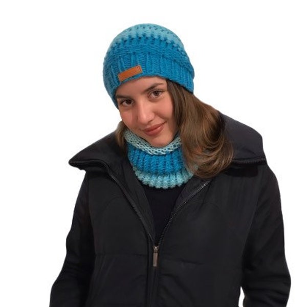 Turquoise Cowl Fingerless & Slouchy Beanie Hat With Faux Fur Pom Set Slippers Free Warm Bright Wool Knit Shades Of Ice Blue Valentine’s Gift