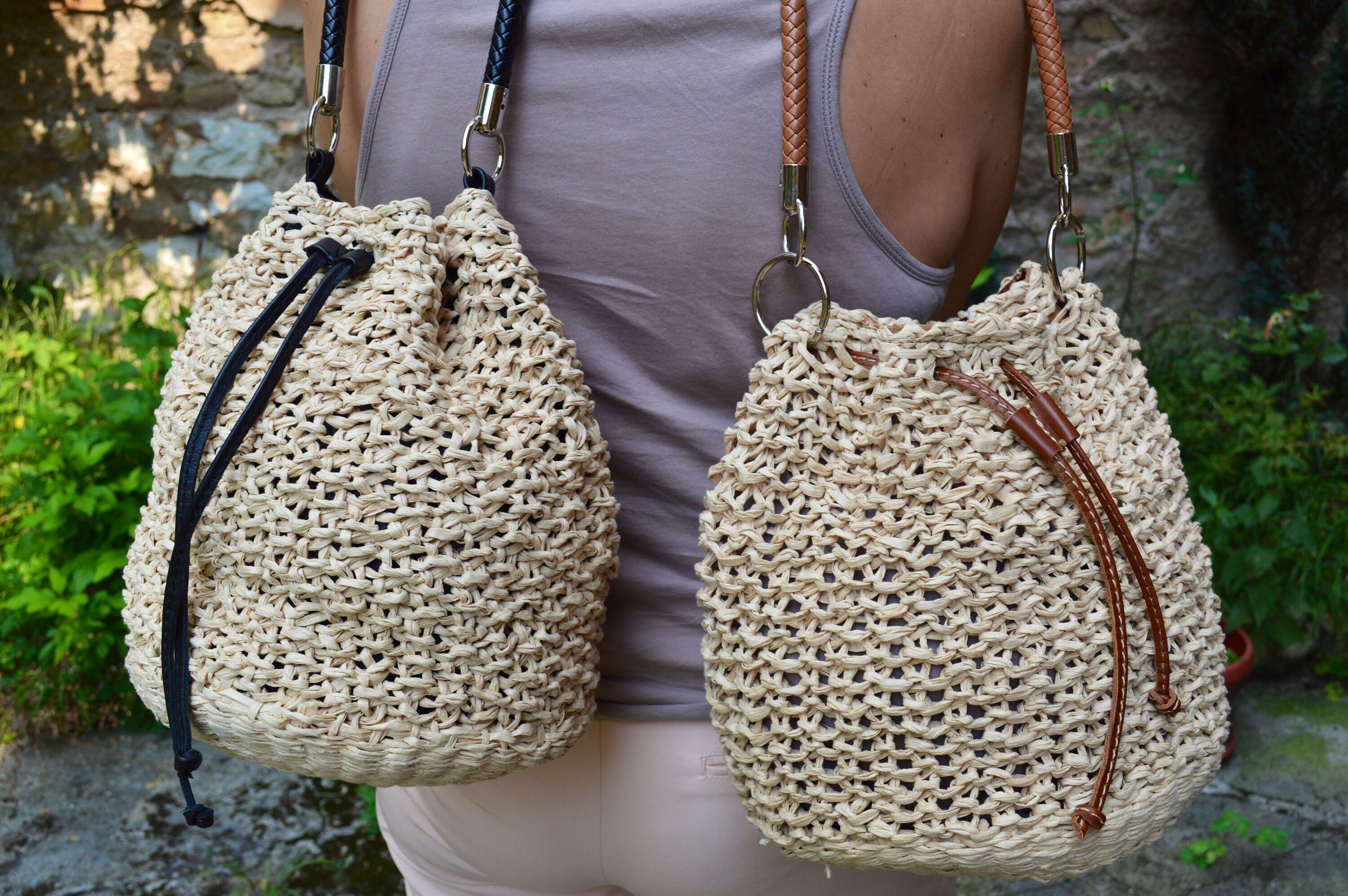 Crochet Raffia Bucket Bag Drawstring Basket Shoulder Bag Etsy