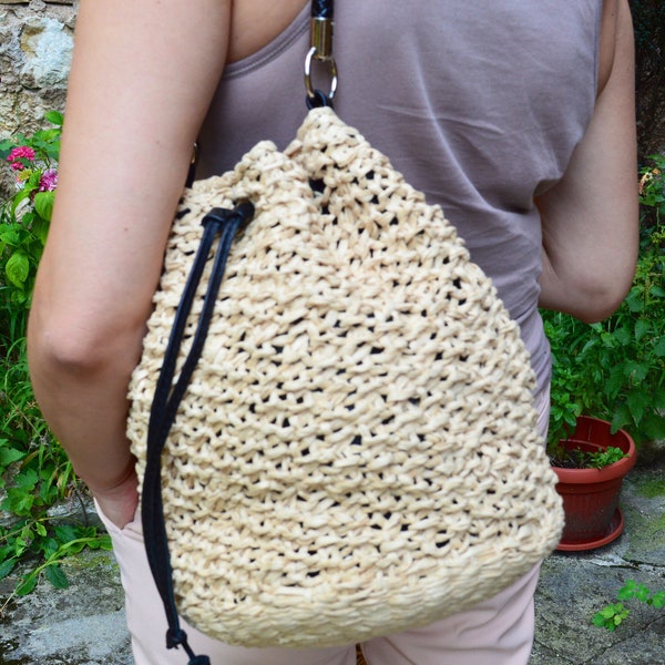 Crochet Raffia Bucket Bag  Drawstring Basket Shoulder  Bag Wicker Tote Purse Weave Sac Fully Lined Leather Cord   Birthday Gift for Wife