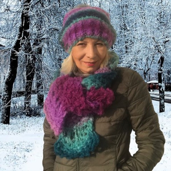 Long scarf & slouchy beanie  pompom hat Shades of purple/blue Winter hand knit set Womens infinity scarves and buggy cap Unique gift for her