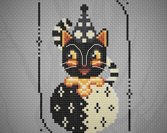 Vintage Halloween-Kreuzstichmuster (PDF) – Gruselig-niedliche Katze – Gothic/Alternative Heimdekoration – 48 x 76 Stiche