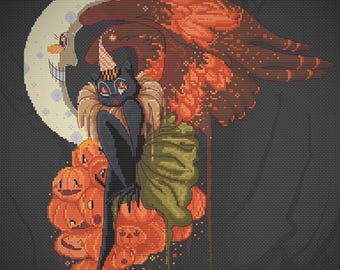 Vintage Halloween Cat Digital PDF Counted Cross Stitch, Feline with Wings and Pumpkins Spooky Cute Modern Xstitch | 176 x 188 Stitches