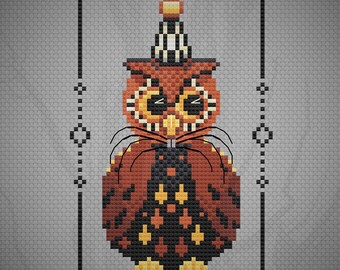 Vintage Halloween-Kreuzstichmuster (PDF) – Gruselig-niedliche Eulenmotiv – Gothic/Alternative Heimdekoration – 50 x 80 Stiche