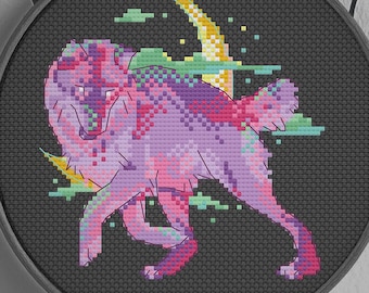 Digitales Kreuzstichmuster - Wolf bei Mondlicht, helle Frühlingsblüte, Fantasy Wolf lila rosa Wildtier, anfängerfreundliche Zählvorlage