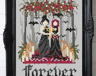 PDF Kreuzstichmuster - Hochzeit Gothic | Mrs und Mrs - Hers und Hers Hochzeitszeremonie Xstitch - Personalisierbares Datum - 76 x 112 Stiche