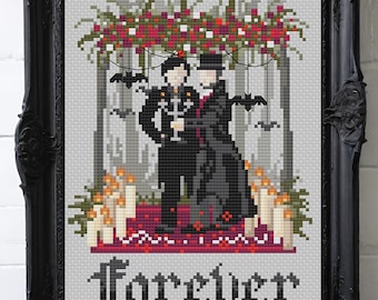 PDF Kreuzstichmuster - Hochzeit Gothic | Mr und Mr, His and His Marriage Ceremony Xstitch - Personalisierbares Datum - 76 x 112 Stiche