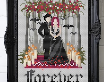 PDF Kreuzstichmuster - Hochzeit Gothic | Mr and Mrs - Hochzeitszeremonie für Sie und Ihn - Personalisierbar Datum - 76 x 112 Stiche