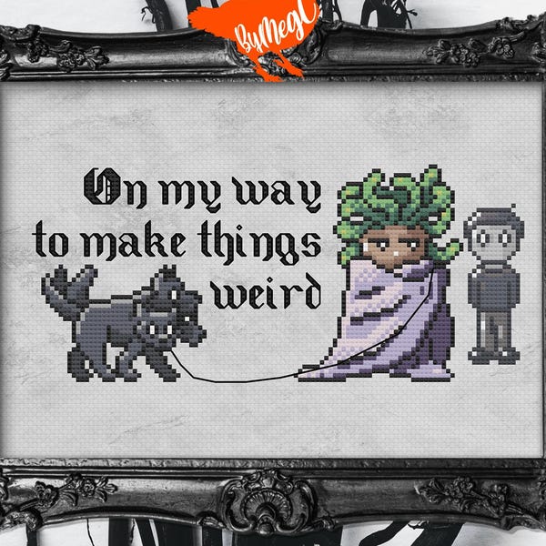 Digitaal kruissteekpatroon - Op weg om dingen raar te maken - Medusa en Cerberus Counted Xstitch Chart - Snarky Mythology Theme Quote
