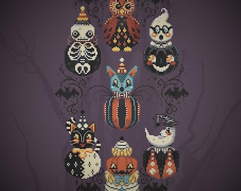 Nostalgische Halloween-Kreuzstichvorlage (PDF), Vintage-Figuren für Allerheiligen | Gruseliger moderner Kreuzstich | 126 x 221 Stiche