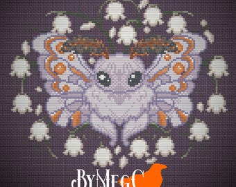 Moth Lily of the Valley - Digital PDF Counted Cross Stitch Chart - Fall Autumn Ashy Pallet | Modern Xstitch Design | 128 x 100 Stitches