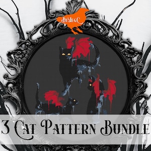 Könnte beinhalten: Ein Set mit drei schwarzen Katzen-Kreuzstichmustern mit roten und blauen Akzenten. Die Muster sind in einem schwarzen, verzierten Rahmen vor einem weißen Hintergrund gerahmt. Der Text "3 Cat Pattern Bundle" befindet sich am unteren Rand des Bildes.