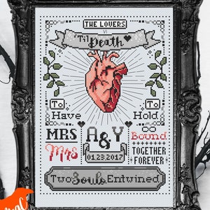 La carte de tarot des amoureux inspiré du mariage / Union Cross Stitch Pattern, jusqu'à la mort, deux âmes entrelacées, tableau Xstitch compté, LGBTQ +