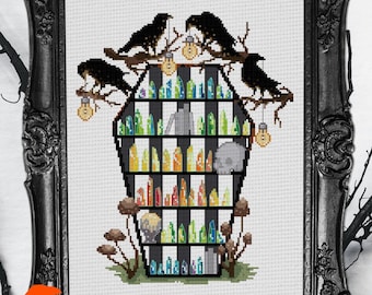 Weekly Crystal Coffin Bookshelf Temperature Cross Stitch Pattern - 7 Colour Versions - Rainbow Gothic Temp Tracker Chart, Beginner Xstitch