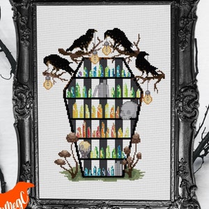 Weekly Crystal Coffin Bookshelf Temperature Cross Stitch Pattern - 7 Colour Versions - Rainbow Gothic Temp Tracker Chart, Beginner Xstitch