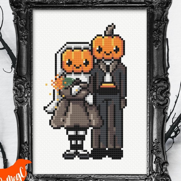 Kruissteekpatroon - pompoenpaar bruiloft - oktober Halloween X-steekkaart van een getrouwd stel, eenvoudig en gemakkelijk Snelle grafiek / grafiek / ontwerp