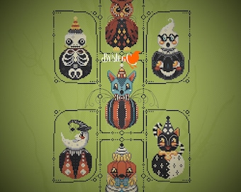 Vintage Halloween-Kreuzstichvorlage (PDF), Retro-Gruseltiere – Katze, Eule, Mond, Fledermaus, Geist, Kürbis, Skelett | 144 x 244 Stiche