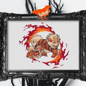 Patrón de punto de cruz de Growlithe y Arcanine, Pokémon Fuego de la Generación I saltando a través del círculo llameante, descarga instantánea en PDF. Gráfico Xstitch.