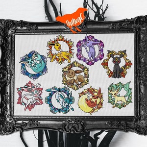 9 patrones de punto de cruz digitales independientes de Eeveelutions, diseños de vidrieras de Pokémon nerd Xstitch, gráficos de evolución de Eevee, principiante/fácil