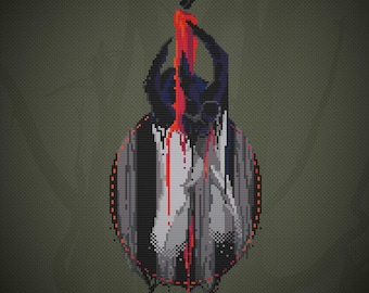 Schwarze Flammen Kerze Kleine PDF Kreuzstichvorlage, Anfänger Witchy Design einer Roten Kerze gehalten von Ghoulish Hands | 78 x 181 Stiche