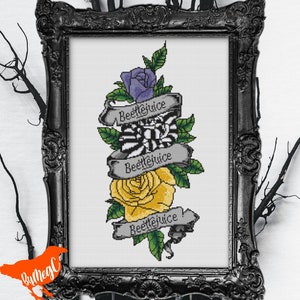 Nerdy Kreuzstich-Muster, Geist mit dem Fanart Tattoo Inspiriert Floral Zählmuster Xstitch Design, Streifen, lila, gelbe Blumen