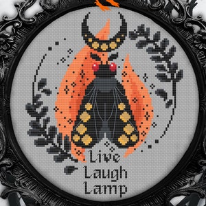 Digital Cross Stitch Pattern - Mothman Cryptid Live Laugh Lamp, Cute Cheeky Modern Xstitch, Spooky Halloween Beginner Friendly Chart