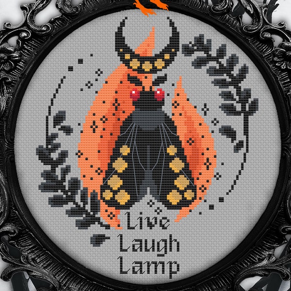 Digital Cross Stitch Pattern - Mothman Cryptid Live Laugh Lamp, Cute Cheeky Modern Xstitch, Spooky Halloween Beginner Friendly Chart