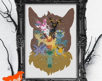 Pixelated Eevee Eeveelutions Counted Cross Stitch Pattern, Instant Download PDF, Vaporeon Jolteon Flareon Umbreon Espeon Glaceon Leafeon