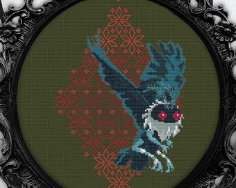 Digitales PDF Kreuzstichmuster, Cryptmas Mothman Design, gruseliger Cryptid Weihnachtsstich mit Rückstich, gruselig süß anfängerfreundlich