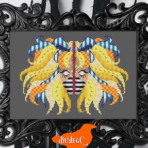 May include: Cross stitch pattern of a stylised face with yellow hair, blue and white checked bows, and a black and white striped mask. The background is grey. The pattern is titled "ByMeGC".