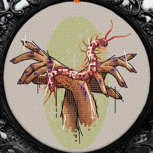 May include: A framed cross-stitch artwork featuring a pair of hands with a skeletal design, accented with orange and purple details. The artwork is set against a light green oval background and framed in a black ornate frame. The artwork is signed "By Meg C".