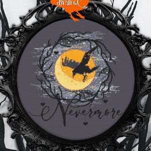 Cyfrowy wzór do haftu krzyżykowego w formacie PDF - Nevermore Raven Edgar Allan Poe Poem, Półksiężyc w rozgwieżdżonym niebie, Epic Haunted Literature Xstitch Chart