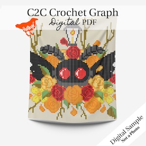 Patrón/gráfico de crochet digital C2C en PDF: Ramo otoñal con críptido de hombre polilla asomando, PDF de crochet naranja de temporada otoñal, Diseño intermedio