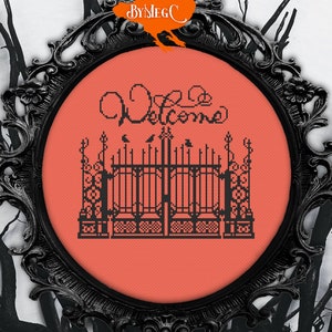 Welcome Dark Gothic Gate Counted Cross Stitch Pattern, Iron Gate, Spooky Castle Entrance, Halloween and Vampire Inspired Creepy Xstitch