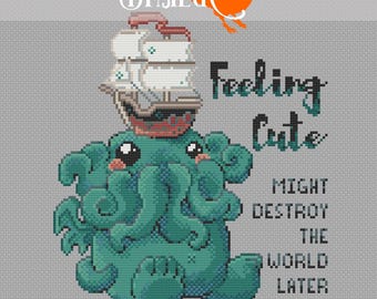 Cute Cthulhu - Digital PDF Counted Cross Stitch Chart - Feeling Cute Meme | Modern Cryptid Myth Xstitch Design | 110 x 123 Stitches