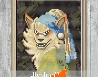 Small Masterpiece Painting - Pokemon with a Pearl Earring - Nerdy Counted Cross Stitch Pattern - Video Game Cartoon Characters - 58 x 70 Sts