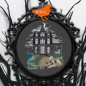 Modèle de point de croix gothique inspiré d'Annabel Lee, poésie d'Edgar Allan, maison victorienne hantée au bord de la mer, grille de points facile pour débutants