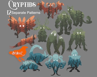 12 Cryptid Combo - Digital Cross Stitch Patterns with Creepy Cryptid Silhouettes, Modern Cottagecore Xstitch Charts of Mythical Creatures