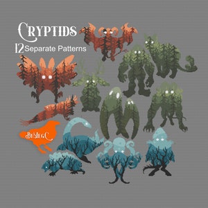 Peut inclure: Un ensemble de 12 motifs de broderie numérique représentant des cryptides, des créatures mythologiques et des monstres. Chaque motif est composé de feuillage forestier pixélisé avec une créature cachée à l'intérieur. Les motifs sont dans des tons de vert, bleu, orange et marron.