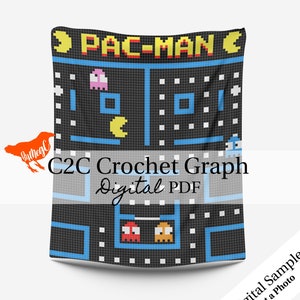 Modèle au crochet numérique PDF C2C/Graphique, téléchargement de couverture de jeu vidéo pixel d'un coin à l'autre, fantômes et points dans un labyrinthe, amusant facile pour débutant