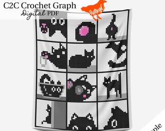 C2C Digital PDF Crochet Pattern / Graph, Black Cat Blanket Chart, Silly Cute Black Cat Doing Cat Things, Sneaking Stalking Funny Feline