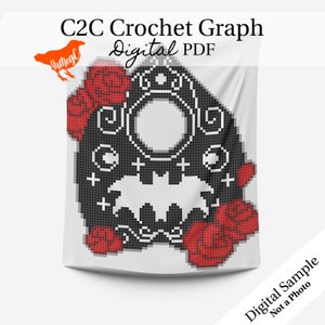 C2C Digital PDF Crochet Pattern / Graph, Planchette with Roses and Bat Design, Black White and Red Simple Corner to Corner Blanket, Witchy