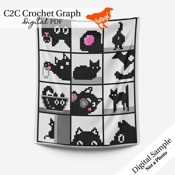 C2C Digital PDF Crochet Pattern / Graph, Black Cat Blanket Chart, Silly Cute Black Cat Doing Cat Things, Sneaking Stalking Funny Feline