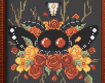 Digitales Kreuzstichmuster von Mothman im Herbst und kleine Lampe, Cryptid Kreuzstichvorlage, 88 x 91 Stiche, Anfänger Herbst Design