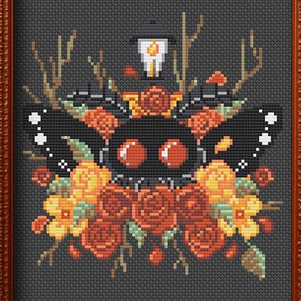 Digitaal kruissteekpatroon van Mothman in Autumn en Tiny Lamp, Cryptid Counted Xstitch Chart, 88 x 91 steken, herfstontwerp voor beginners