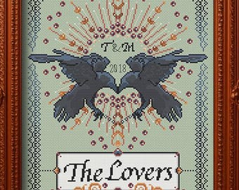 The Lovers - Tarot inspirierte große Hochzeit Kreuzstich Chart für gruselige Paare - 18 Ct passt 8 x 10 Rahmen - Skurriles ungewöhnliches Geschenk