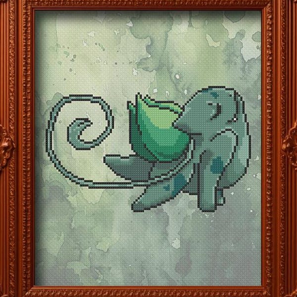 Digitale pdf-kruissteekpatroon - Fanart Chibi Pokemon Bulbasaur - Geeky Nerdy-videogamekarakter xstitch-diagram / grafiek